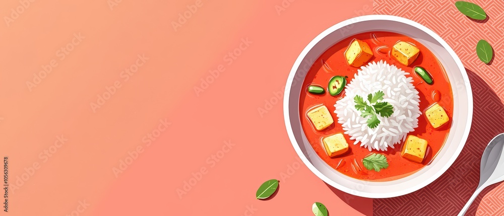 Delicious bowl of rice and tofu served in a flavorful sauce on a pastel background. Delicious bowl of rice and tofu served in a flavorful sauce on a pastel background.