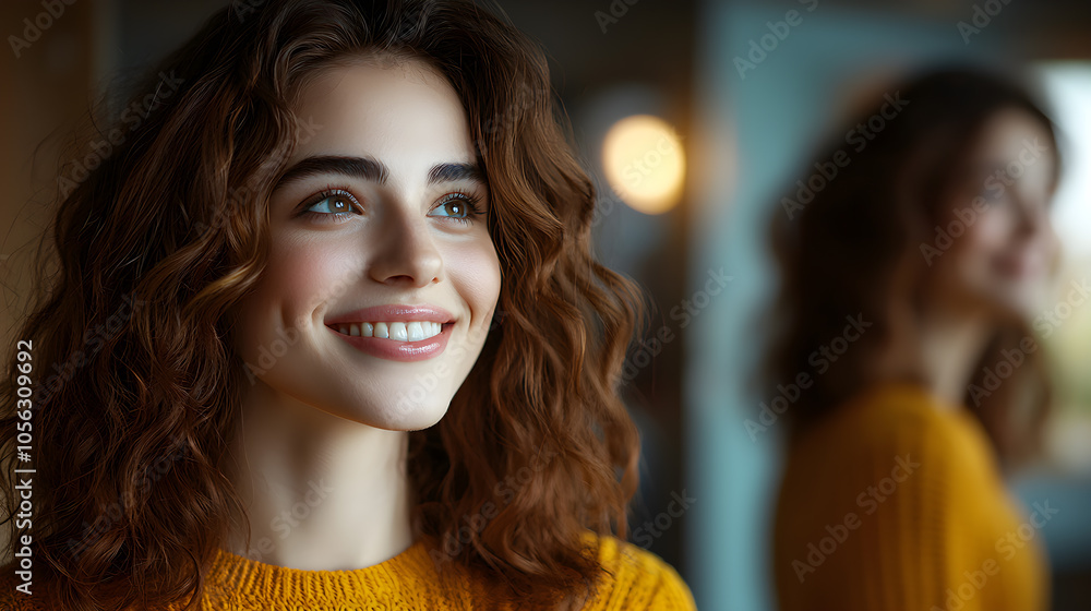A woman with brown hair and a yellow sweater is smiling at the camera A woman with brown hair and a yellow sweater is smiling at the camera