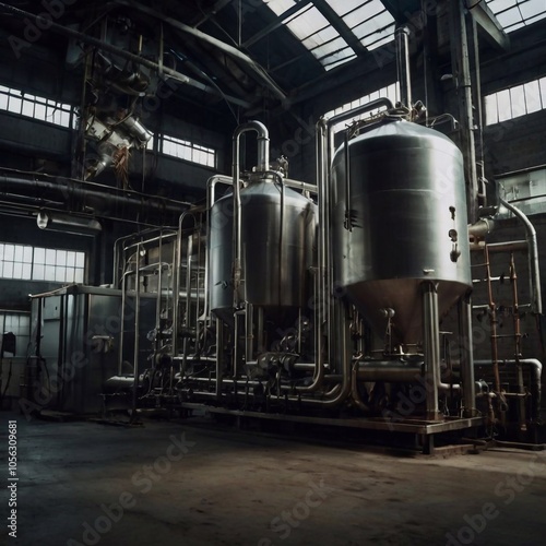 The building of an industrial plant with pipes and tanks made of metal. Indoors without people.