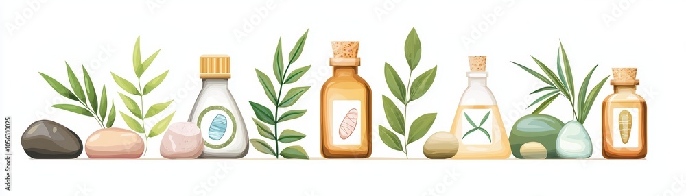 Essential oils and natural extracts arranged with stones and leaves, showcasing a serene and refreshing aesthetic. Essential oils and natural extracts arranged with stones and leaves, showcasing a serene and refreshing aesthetic.