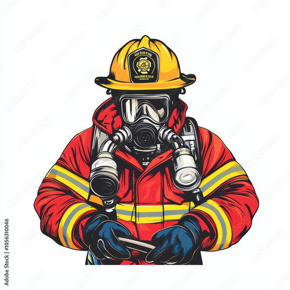 Firefighter in protective gear, ready for action. Strong presence, bold colors, white isolated background. Firefighter in protective gear, ready for action. Strong presence, bold colors, white isolated background.