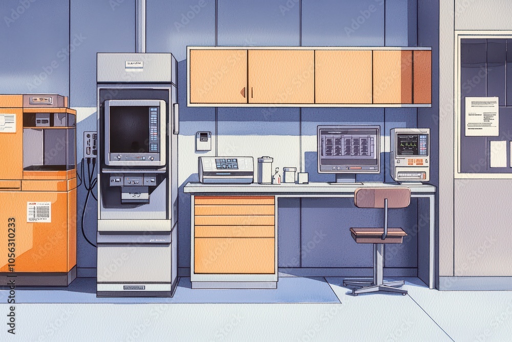 Futuristic laboratory workspace featuring modern equipment and sleek design. Futuristic laboratory workspace featuring modern equipment and sleek design.