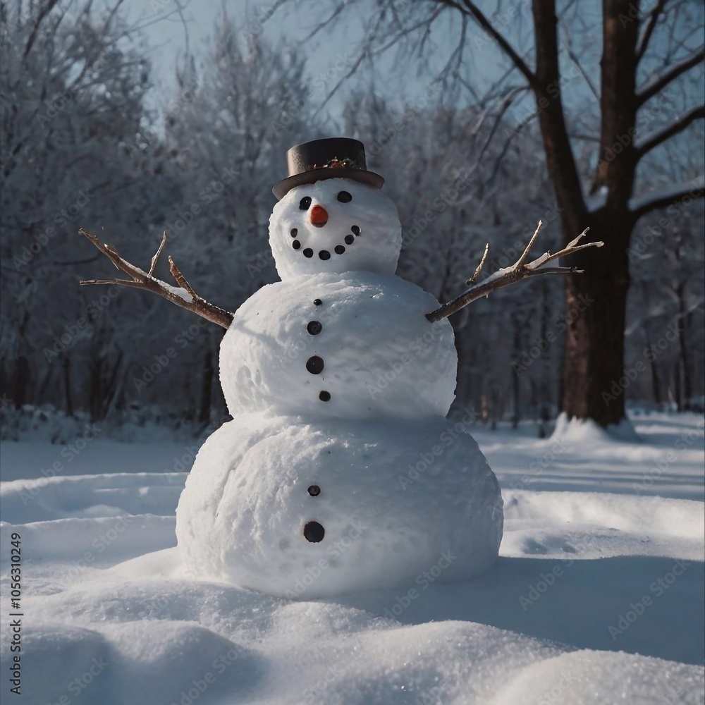 Funny snowman with a hat and a carrot for a nose on the background of a winter landscape and snow. Funny snowman with a hat and a carrot for a nose on the background of a winter landscape and snow.