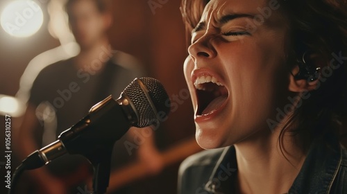 Woman Singing Passionately into a Microphone