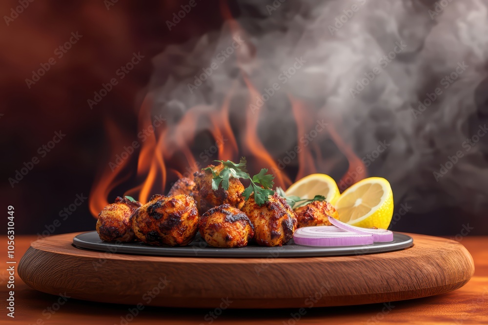 Grilled meatballs with smoke and lemon slices on a wooden platter, perfect for appetizing food visuals. Grilled meatballs with smoke and lemon slices on a wooden platter, perfect for appetizing food visuals.