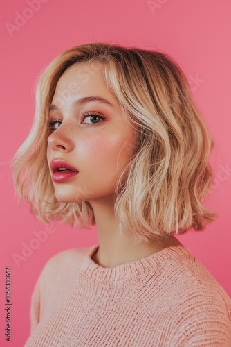 Young blonde woman with a bob haircut on a pink background, perfect for casual fashion ads.