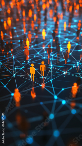 Abstract human forms connect with glowing lines and nodes, symbolizing social networks, technology, and communication