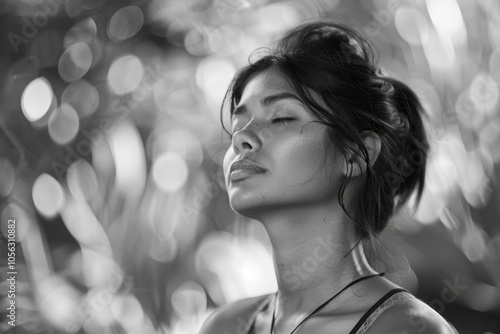 A young woman with eyes closed in a serene moment of contemplation in a natural outdoor setting. She appears to be engaged in deep breathing or meditation, surrounded by the tranquility of nature. photo