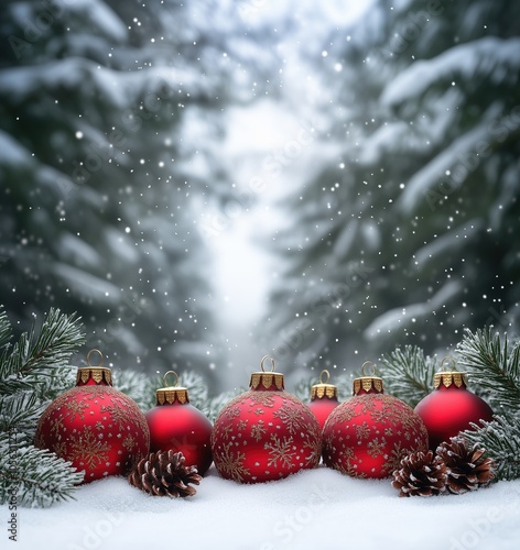Festive Red Christmas Ornaments in Snowy Winter Scene with Pinecones and Evergreens for Holiday Decor and Seasonal Celebration
