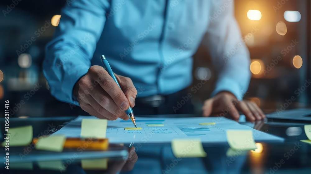Person writing notes on a paper with sticky notes in a busy office background. Person writing notes on a paper with sticky notes in a busy office background.