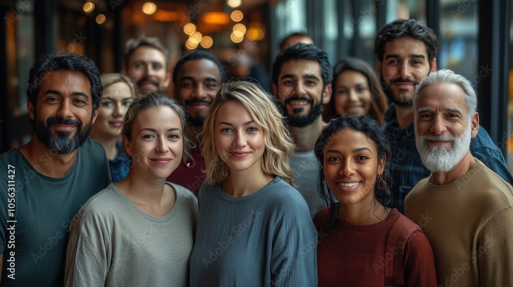 Diverse group of people smiling in urban setting with warm lighting and reflections Diverse group of people smiling in urban setting with warm lighting and reflections