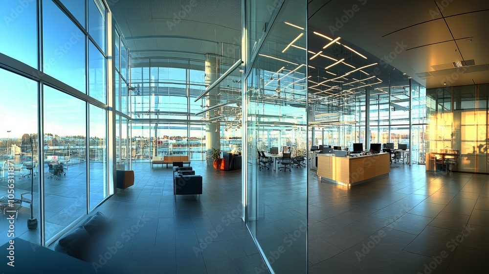 Modern Office Interior with Panoramic Windows Modern Office Interior with Panoramic Windows
