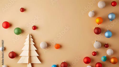 Handcrafted composition of origami-colored balls and a Christmas tree cut out of beige cardboard, with space for text photo