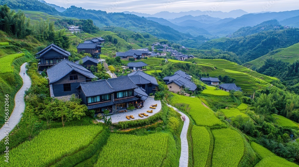 Obraz premium Serene Landscape of Green Terraced Rice Fields