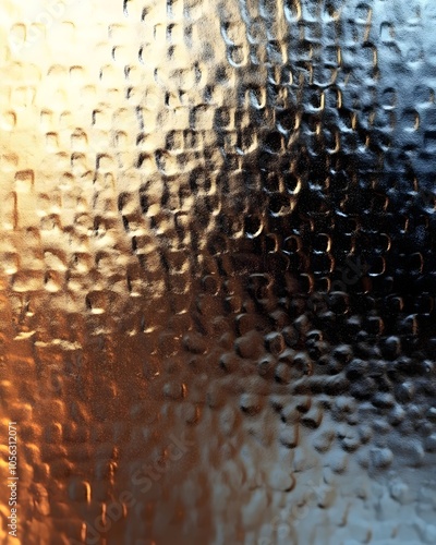 An abstract close-up of textured glass, featuring a blend of warm orange and cool blue tones, creating a visually striking contrast with reflections and highlights.