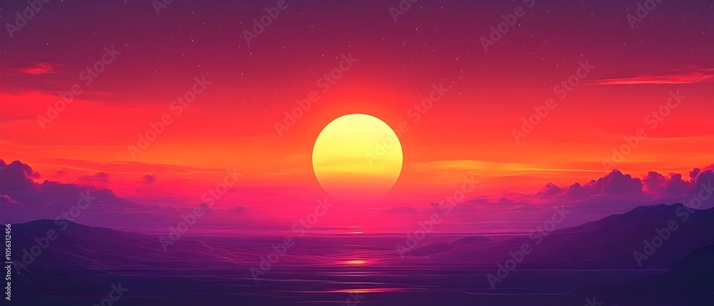 A breathtaking digital sunset over a serene landscape, showcasing vibrant hues of pink, orange, and purple, with the sun casting a warm glow on the tranquil waters below. A breathtaking digital sunset over a serene landscape, showcasing vibrant hues of pink, orange, and purple, with the sun casting a warm glow on the tranquil waters below.