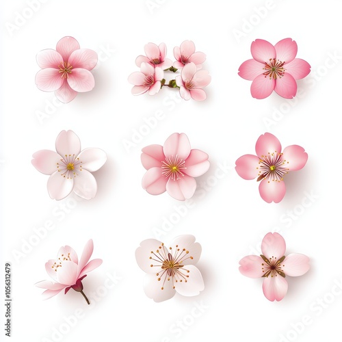 Various cherry blossom flowers isolated on a white background.