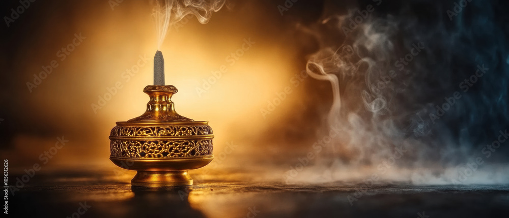 golden incense holder with intricate designs emits fragrant smoke, creating serene atmosphere golden incense holder with intricate designs emits fragrant smoke, creating serene atmosphere