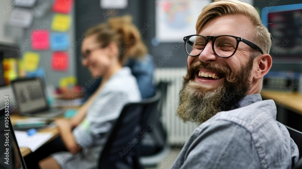 Happy entrepreneur in a tech-savvy office environment Happy entrepreneur in a tech-savvy office environment