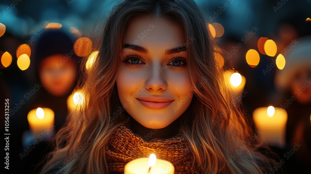 A young woman with wavy hair, wearing a scarf, holds a glowing candle, surrounded by people in a peaceful gathering, evoking warmth, hope, and unity in the evening. A young woman with wavy hair, wearing a scarf, holds a glowing candle, surrounded by people in a peaceful gathering, evoking warmth, hope, and unity in the evening.