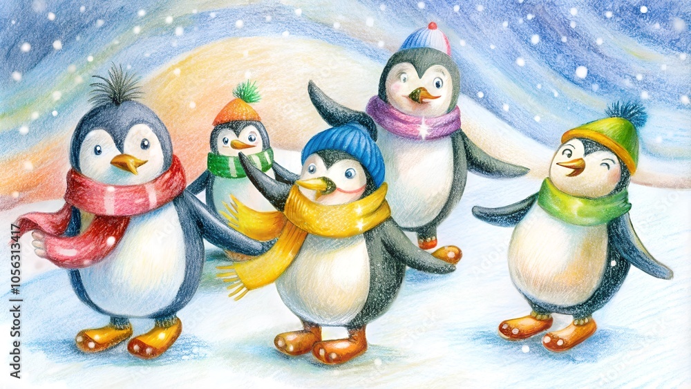 Fototapeta premium Cute penguins wearing winter clothes having fun in snow