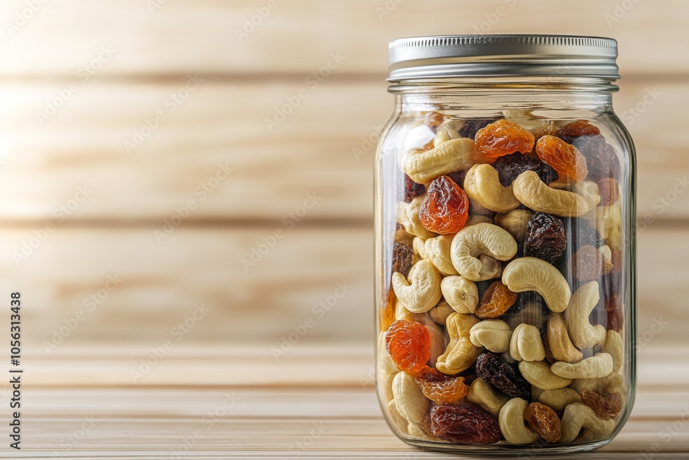 A glass jar filled with various nuts and dried fruits, including cashews and raisins, sits on a wooden surface, emphasizing healthy snacking and natural foods. A glass jar filled with various nuts and dried fruits, including cashews and raisins, sits on a wooden surface, emphasizing healthy snacking and natural foods.
