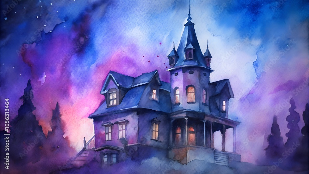 Victorian haunted house standing on a hill at twilight under a starry sky Victorian haunted house standing on a hill at twilight under a starry sky
