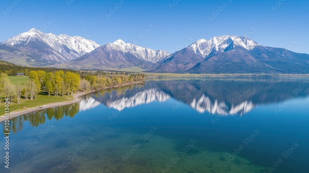 Serene Mountain Lake with Snow-Capped Peaks Serene Mountain Lake with Snow-Capped Peaks