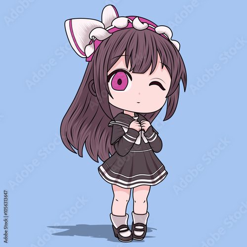 Chibi Girl with Purple Eyes and Big Ribbon