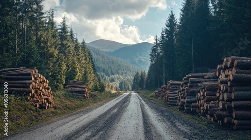 A road with a mountain in the background. There are many logs on the side of the road
