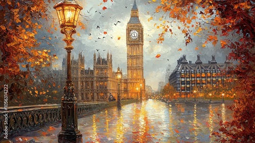 A beautiful autumn evening in London featuring Big Ben, bathed in warm light with a reflective, leaf-strewn path and enchanting atmosphere, blending realism and art.