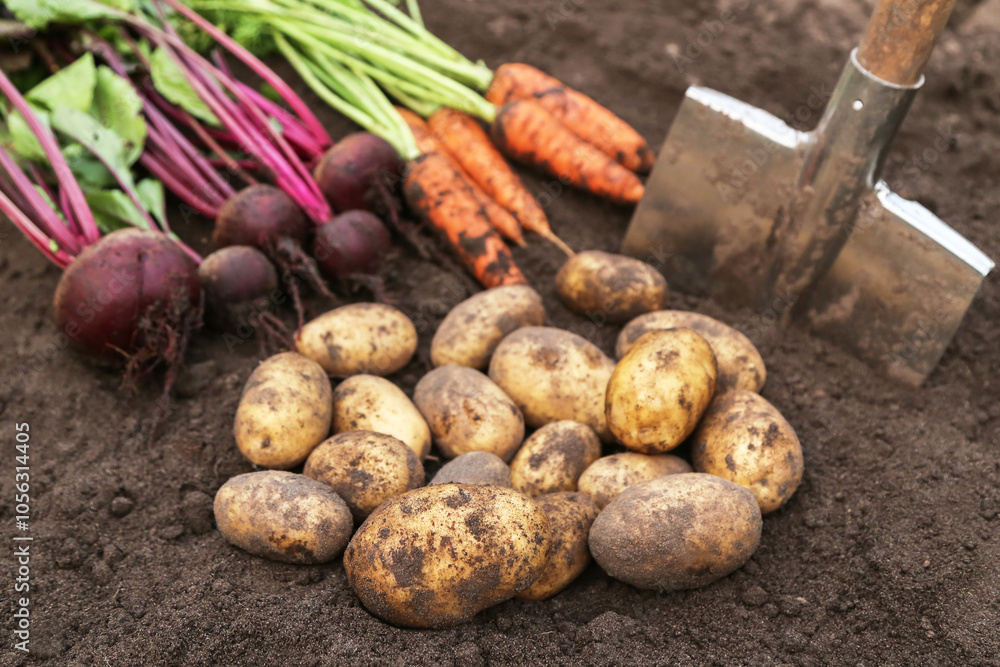 Autumn harvest of organic root vegetables on soil in garden close-up. Autumnal freshly harvested carrot, beetroot and potatoes, farming, harvesting Autumn harvest of organic root vegetables on soil in garden close-up. Autumnal freshly harvested carrot, beetroot and potatoes, farming, harvesting