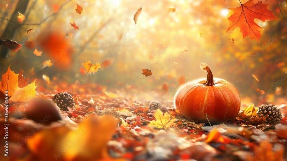 A serene autumn forest path is adorned with a vibrant pumpkin, surrounded by falling golden leaves and scattered pinecones, creating a cozy seasonal scene. A serene autumn forest path is adorned with a vibrant pumpkin, surrounded by falling golden leaves and scattered pinecones, creating a cozy seasonal scene.