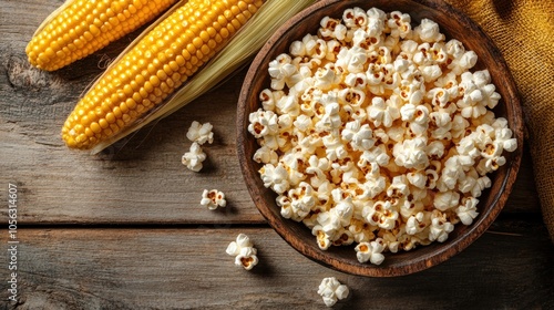 A bowl of popcorn is on a wooden table. There is a corn cob next to the bowl