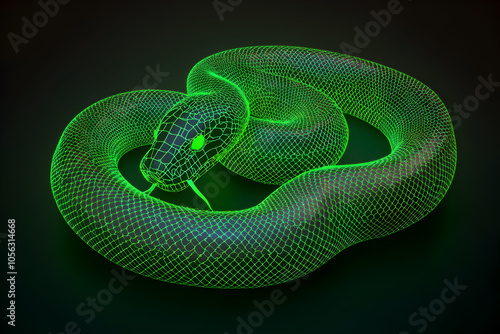 Neon wireframe illustration of a majestic anaconda isolated on black background.