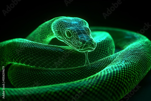 A mesmerizing neon wireframe portrayal of a regal anaconda adorned with shining neon green scales set against a dark background --ar 3:2 --s 50