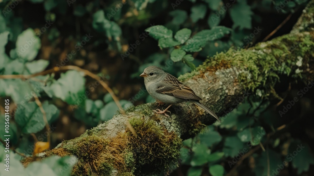 Small Bird on a Mossy Log in Lush Green Environment Small Bird on a Mossy Log in Lush Green Environment