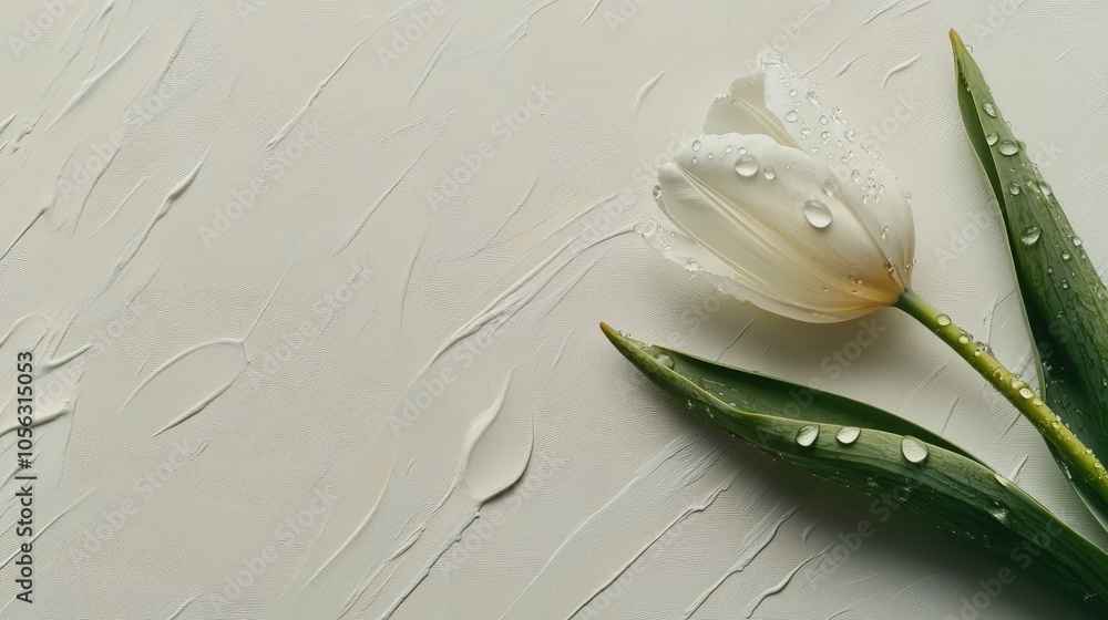 Fresh White Tulip with Water Drops on Textured Background Fresh White Tulip with Water Drops on Textured Background