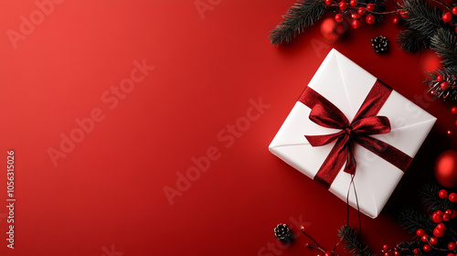 White gift box with a red bow on a red background with Christmas ornaments and evergreen sprigs.