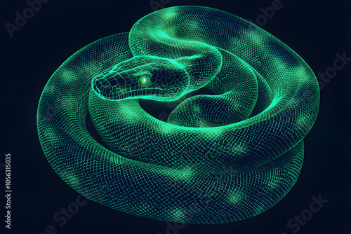 A captivating illustration of a majestic anaconda entwined with luminous neon green scales in a neon wireframe style against a black backdrop --ar 3:2 --s 50