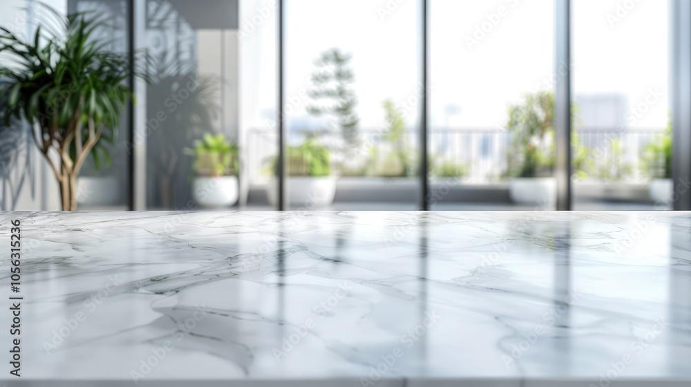 Fototapeta premium Mockup Background with White Marble Table and Blurred Glass Window: Ideal for Product Display