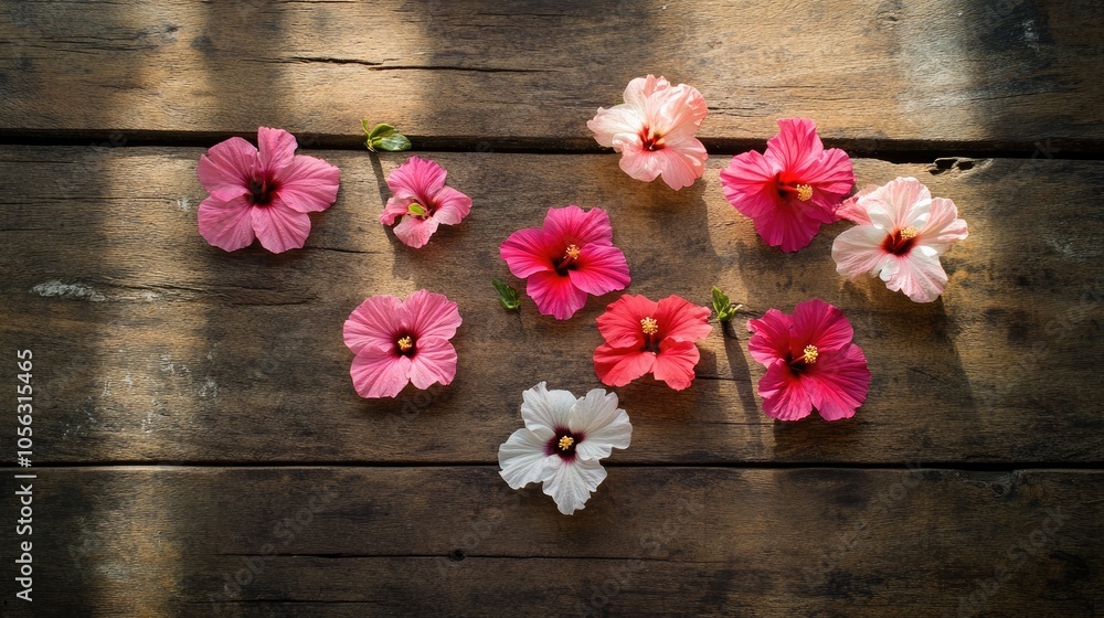 Colorful Hibiscus Flowers on Wooden Table Colorful Hibiscus Flowers on Wooden Table