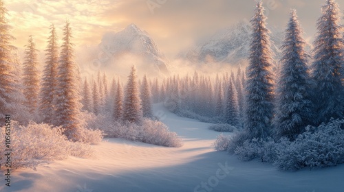 Wallpaper Mural A snowy mountain range with pine trees. The trees are covered in snow and are spread out across the landscape Torontodigital.ca