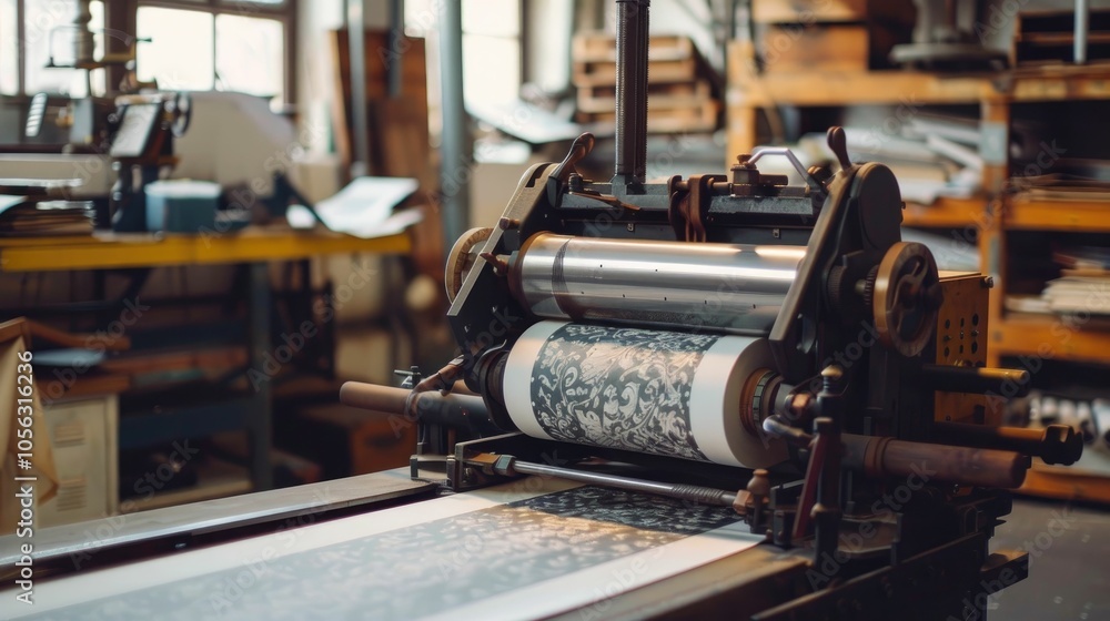 High-speed printing press in an industrial setting High-speed printing press in an industrial setting