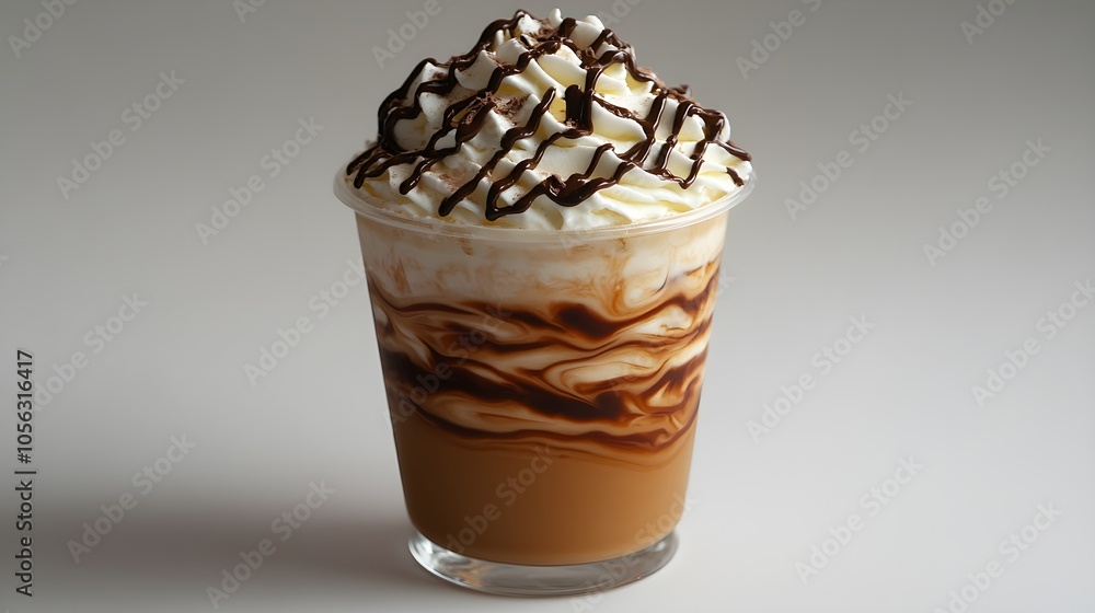 Mocha topped with whipped cream and chocolate drizzle, served in a transparent glass cup, white background, indulgent treat Mocha topped with whipped cream and chocolate drizzle, served in a transparent glass cup, white background, indulgent treat