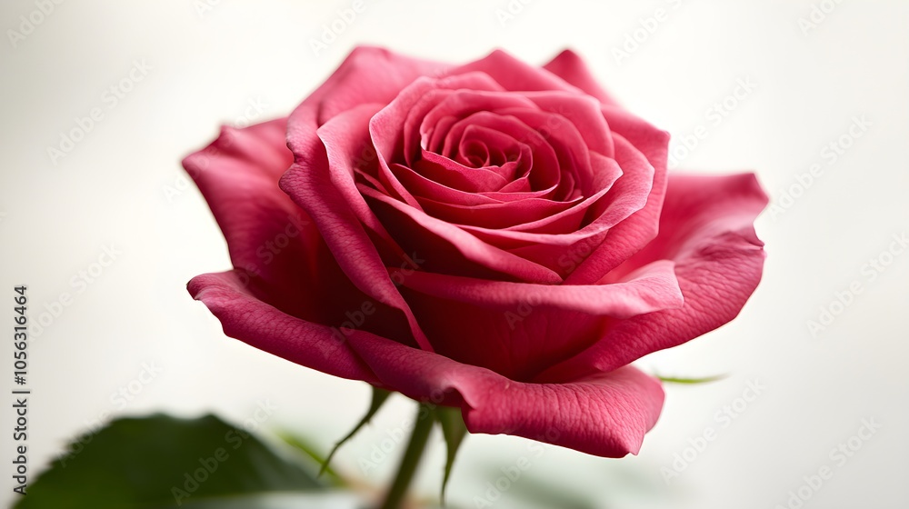 Fototapeta premium Red rose macro shot, showing fine details of the petal edges, vivid red against a soft white background, detailed rose close-up, floral perfection