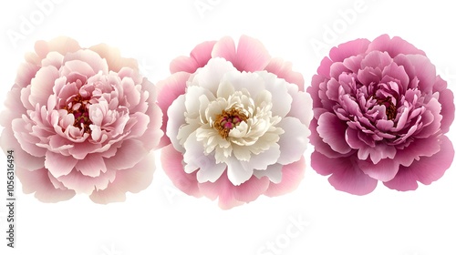 Wallpaper Mural Set of blooming peonies in soft pink, magenta, and white, delicately positioned on a white background, showcasing the natural beauty of their petals Torontodigital.ca