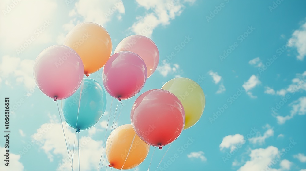 Playful arrangement of colorful balloons floating gently on a sunny sky-like background, providing plenty of space for marketing messages or titles Playful arrangement of colorful balloons floating gently on a sunny sky-like background, providing plenty of space for marketing messages or titles