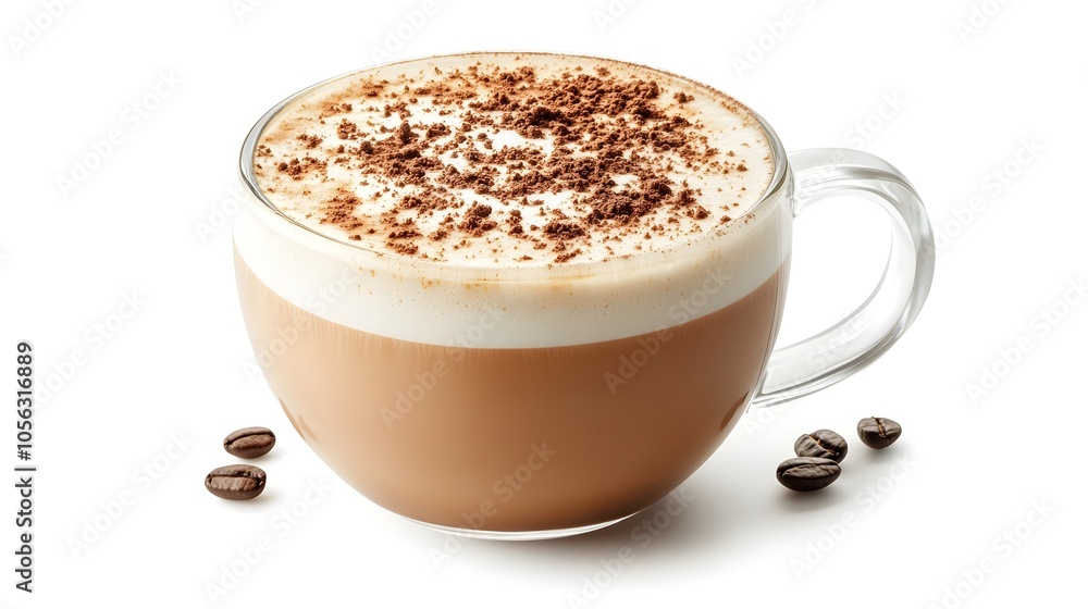 Cappuccino in a clear glass mug, detailed milk froth texture, sprinkled with cocoa, isolated on white, artisanal coffee theme Cappuccino in a clear glass mug, detailed milk froth texture, sprinkled with cocoa, isolated on white, artisanal coffee theme