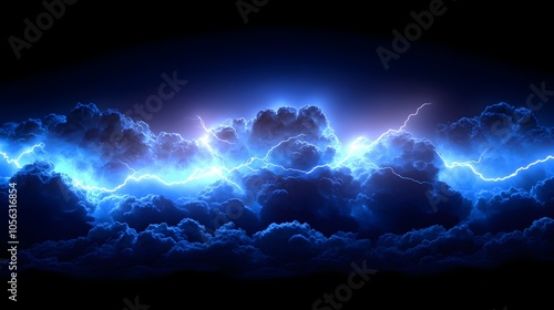 Vivid lightning bolt splitting a deep, shadowy sky, with electric blue light illuminating the storm clouds, creating a visually intense banner design